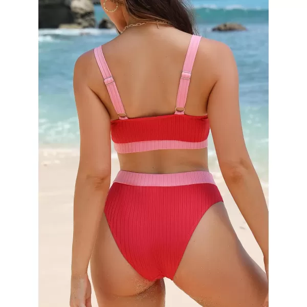 imageCUPSHE Womens Bikini Sets Hign Waisted Scoop Neck Wide Adjustable Straps Color Block RibbedRose Red