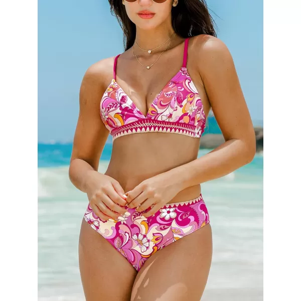 imageCUPSHE Womens Bikini Sets Hign Waisted V Neck Spaghetti Straps Crisscross Back Self Tie StitchingPink Paisley