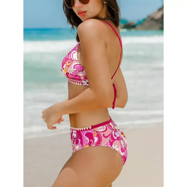 imageCUPSHE Womens Bikini Sets Hign Waisted V Neck Spaghetti Straps Crisscross Back Self Tie StitchingPink Paisley