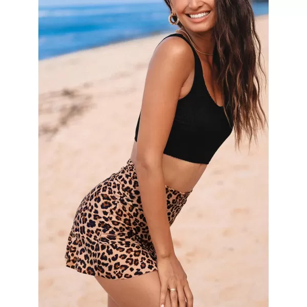 imageCUPSHE Womens Bikini Sets Swim Dress High Waisted Scoop Neck Wide Straps Tank Ruffle Skirt Short SwimsuitBlackLeopard