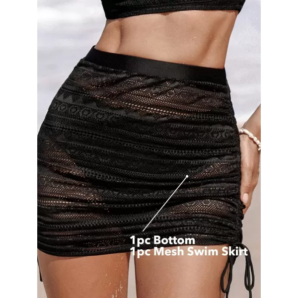imageCUPSHE Womens Bikini Sets Swim Skirt 3 Piece Swimsuit Halter Mid Rise Back Self Tie Tummy Control High Cut Cheeky BottomBlack