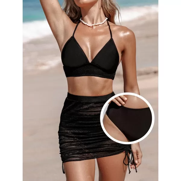 imageCUPSHE Womens Bikini Sets Swim Skirt 3 Piece Swimsuit Halter Mid Rise Back Self Tie Tummy Control High Cut Cheeky BottomBlack