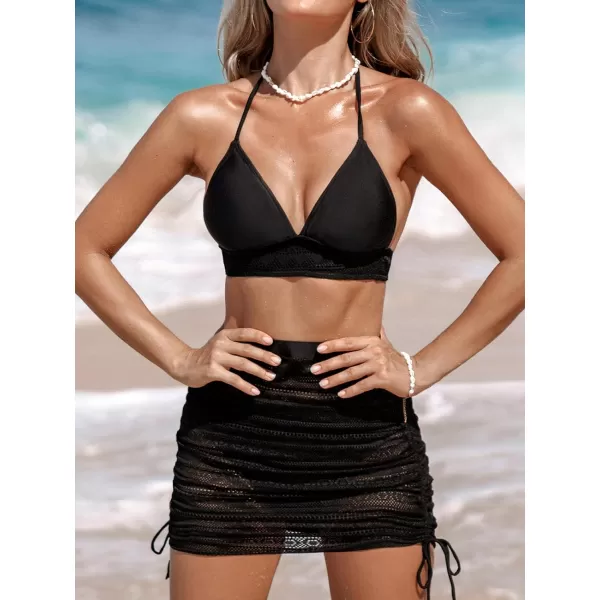 imageCUPSHE Womens Bikini Sets Swim Skirt 3 Piece Swimsuit Halter Mid Rise Back Self Tie Tummy Control High Cut Cheeky BottomBlack