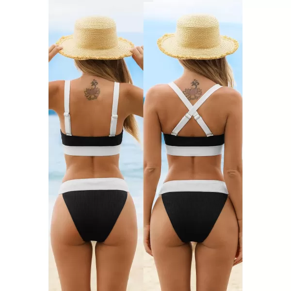 imageCUPSHE Womens Bikini Sets Two Piece Bathing Suit Color Block Scoop Neck Adjustable Straps Mid Rise Cheeky BottomBlackWhite