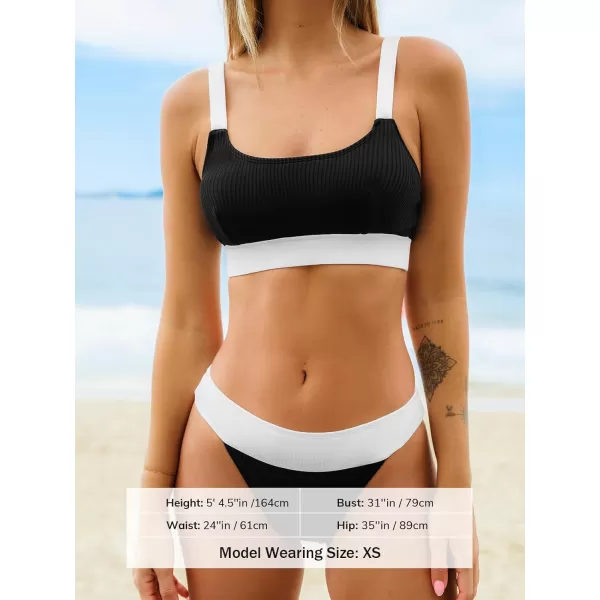 imageCUPSHE Womens Bikini Sets Two Piece Bathing Suit Color Block Scoop Neck Adjustable Straps Mid Rise Cheeky BottomBlackWhite