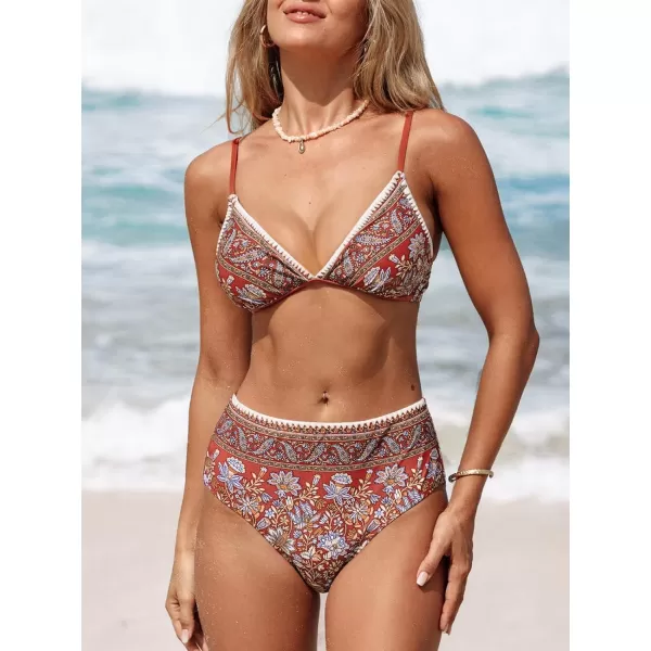 imageCUPSHE Womens Bikini Sets Two Piece Bathing Suit Deep V Neck Adjustable Straps Back Tie Boho SwimwearBrick RedPaisley