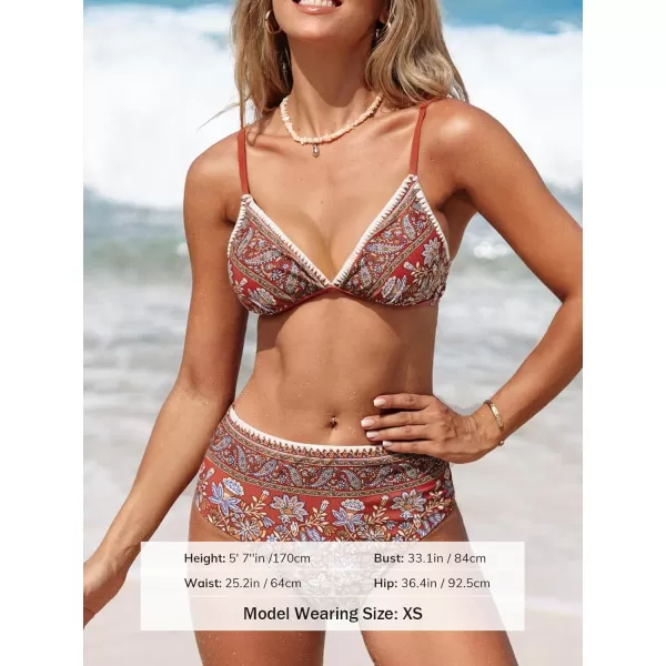 imageCUPSHE Womens Bikini Sets Two Piece Bathing Suit Deep V Neck Adjustable Straps Back Tie Boho SwimwearBrick RedPaisley