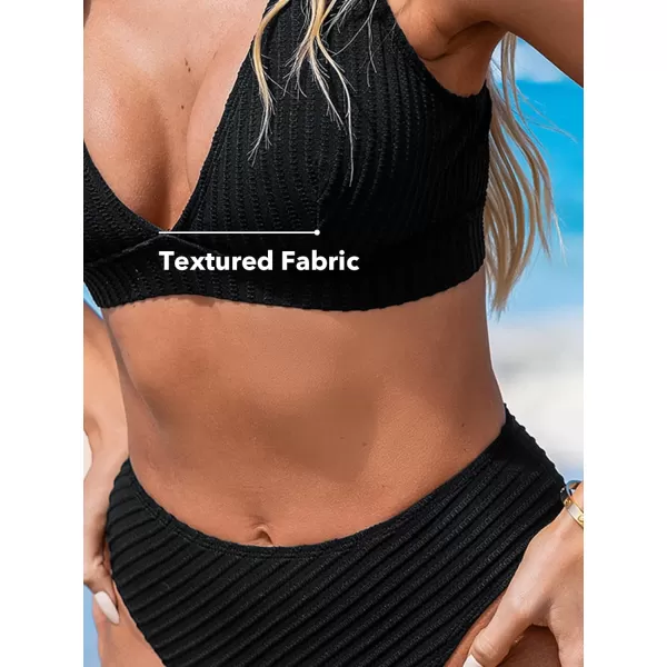 imageCUPSHE Womens Bikini Sets Two Piece Bathing Suit Deep V Neck Ribbed Crisscross Wide Straps Mid Rise Cheeky BottomBlack