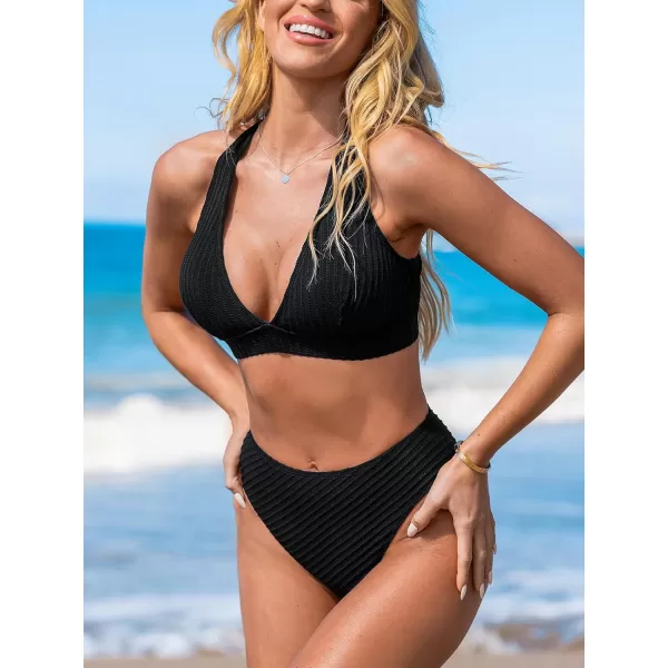 imageCUPSHE Womens Bikini Sets Two Piece Bathing Suit Deep V Neck Ribbed Crisscross Wide Straps Mid Rise Cheeky BottomBlack