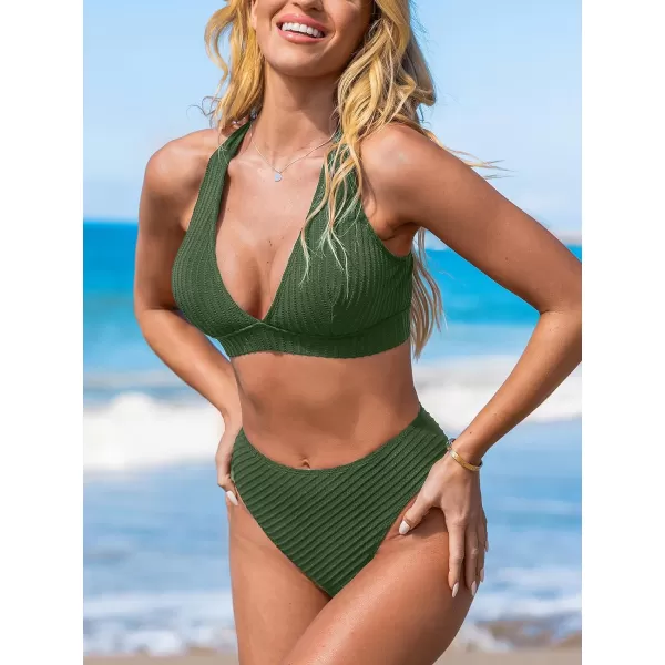 imageCUPSHE Womens Bikini Sets Two Piece Bathing Suit Deep V Neck Ribbed Crisscross Wide Straps Mid Rise Cheeky BottomOlive Green