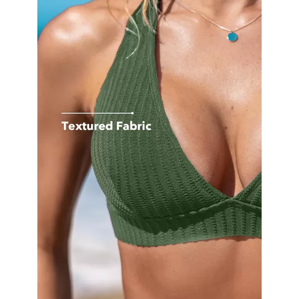 imageCUPSHE Womens Bikini Sets Two Piece Bathing Suit Deep V Neck Ribbed Crisscross Wide Straps Mid Rise Cheeky BottomOlive Green