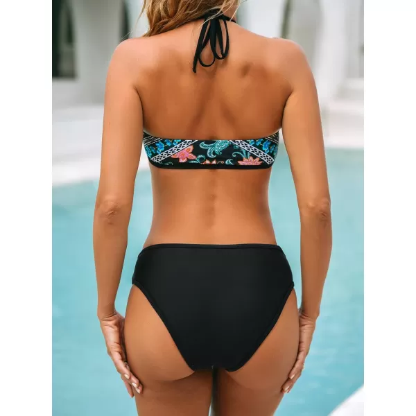 imageCUPSHE Womens Bikini Sets Two Piece Bathing Suit High Neck Halter Low Rise Ladder Cutout SwimsuitBlack Floral