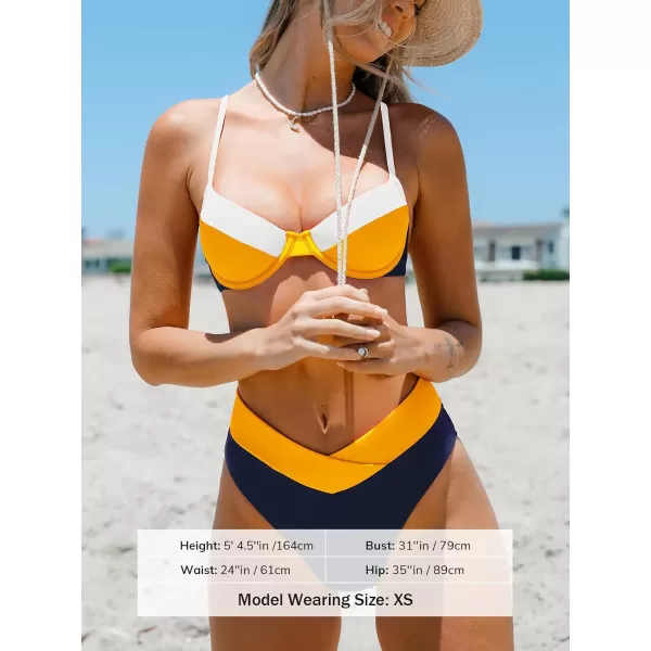 imageCUPSHE Womens Bikini Sets Two Piece Bathing Suit High Waisted Adjustable Straps V Cut Cheeky Bottom Underwire CupsBlueYellowWhite