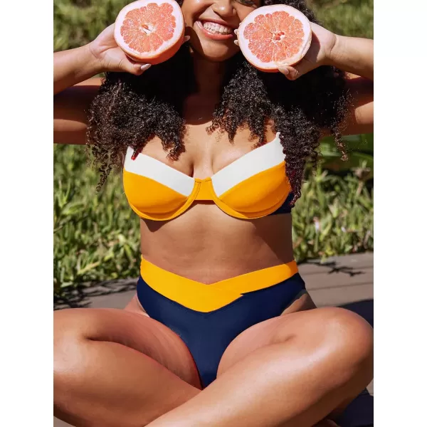 imageCUPSHE Womens Bikini Sets Two Piece Bathing Suit High Waisted Adjustable Straps V Cut Cheeky Bottom Underwire CupsBlueYellowWhite