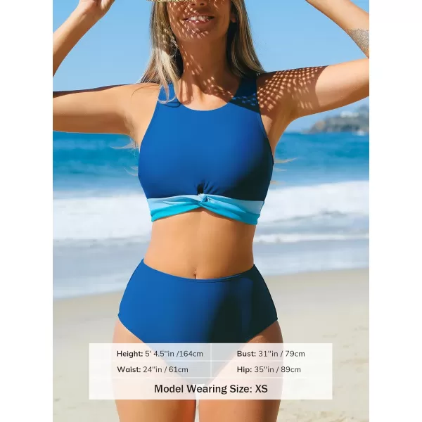 imageCUPSHE Womens Bikini Sets Two Piece Bathing Suit High Waisted High Neck Front Twist Back Cutout Back Hook Color BlockRoyal BlueSky Blue