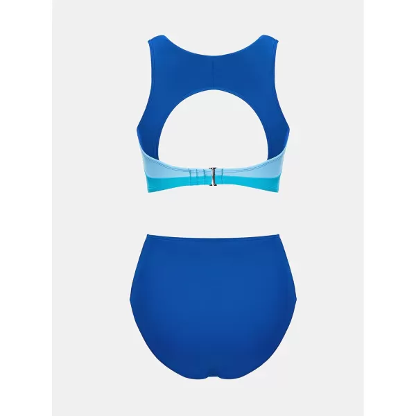 imageCUPSHE Womens Bikini Sets Two Piece Bathing Suit High Waisted High Neck Front Twist Back Cutout Back Hook Color BlockRoyal BlueSky Blue