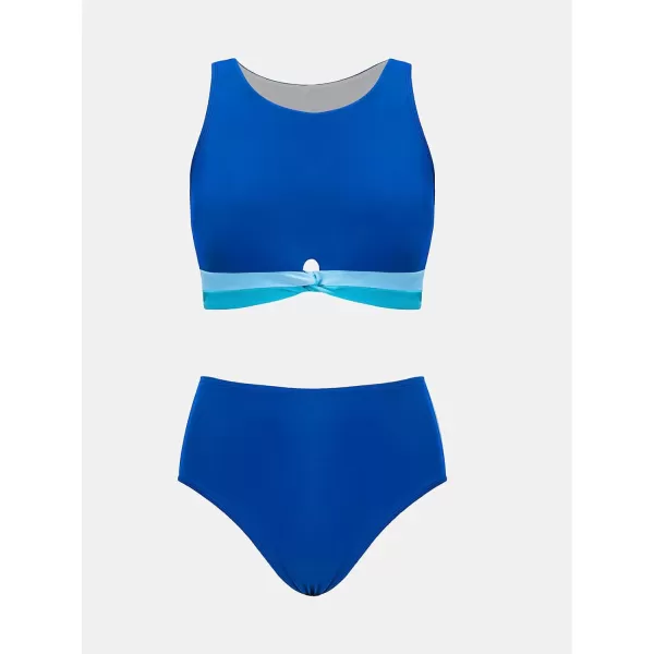 imageCUPSHE Womens Bikini Sets Two Piece Bathing Suit High Waisted High Neck Front Twist Back Cutout Back Hook Color BlockRoyal BlueSky Blue