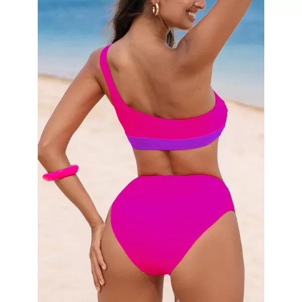 imageCUPSHE Womens Bikini Sets Two Piece Bathing Suit High Waisted One Shoulder V Cut Cheeky Color BlockPurplePink
