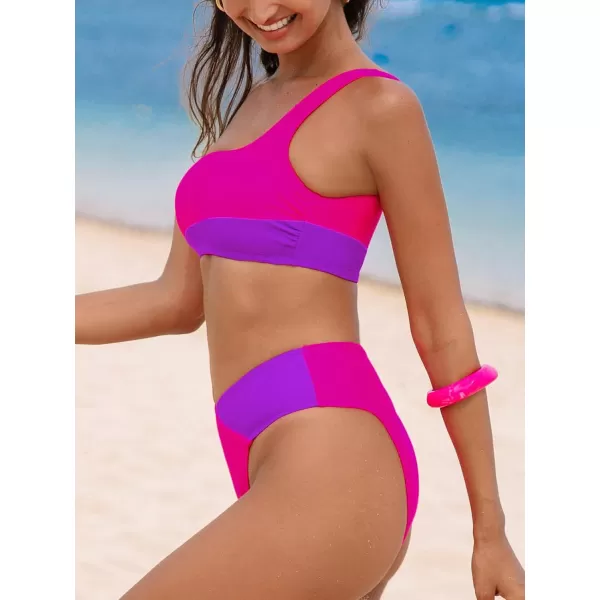 imageCUPSHE Womens Bikini Sets Two Piece Bathing Suit High Waisted One Shoulder V Cut Cheeky Color BlockPurplePink