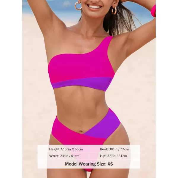 imageCUPSHE Womens Bikini Sets Two Piece Bathing Suit High Waisted One Shoulder V Cut Cheeky Color BlockPurplePink