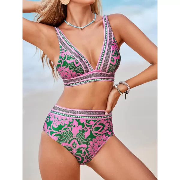 imageCUPSHE Womens Bikini Sets Two Piece Bathing Suit High Waisted Plunging V Neck Wide Straps Back HookOrchid PinkFloral