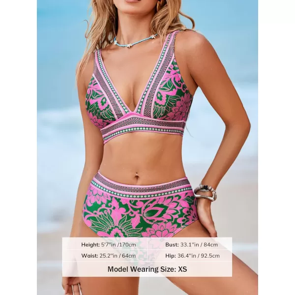 imageCUPSHE Womens Bikini Sets Two Piece Bathing Suit High Waisted Plunging V Neck Wide Straps Back HookOrchid PinkFloral