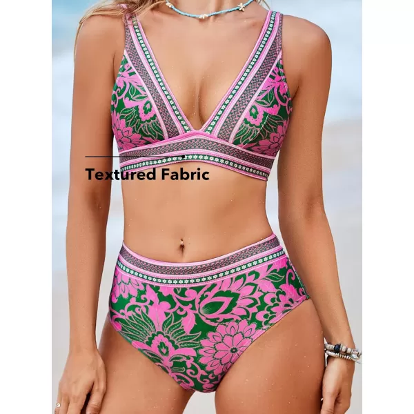 imageCUPSHE Womens Bikini Sets Two Piece Bathing Suit High Waisted Plunging V Neck Wide Straps Back HookOrchid PinkFloral