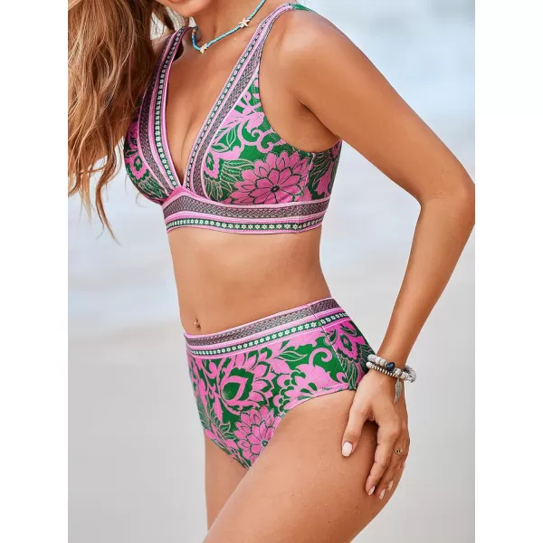 imageCUPSHE Womens Bikini Sets Two Piece Bathing Suit High Waisted Plunging V Neck Wide Straps Back HookOrchid PinkFloral