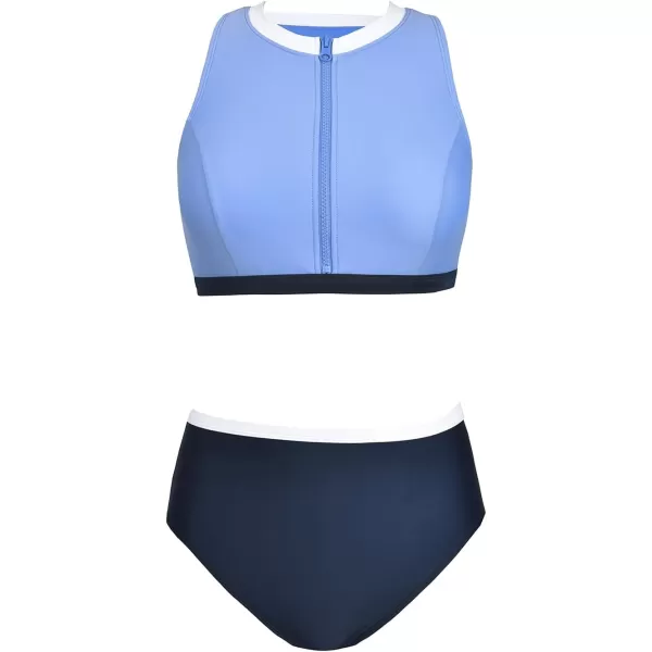 imageCUPSHE Womens Bikini Sets Two Piece Bathing Suit High Waisted Racerback High Neck Front Zipper Color BlockLavender BlueNavy