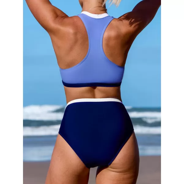 imageCUPSHE Womens Bikini Sets Two Piece Bathing Suit High Waisted Racerback High Neck Front Zipper Color BlockLavender BlueNavy