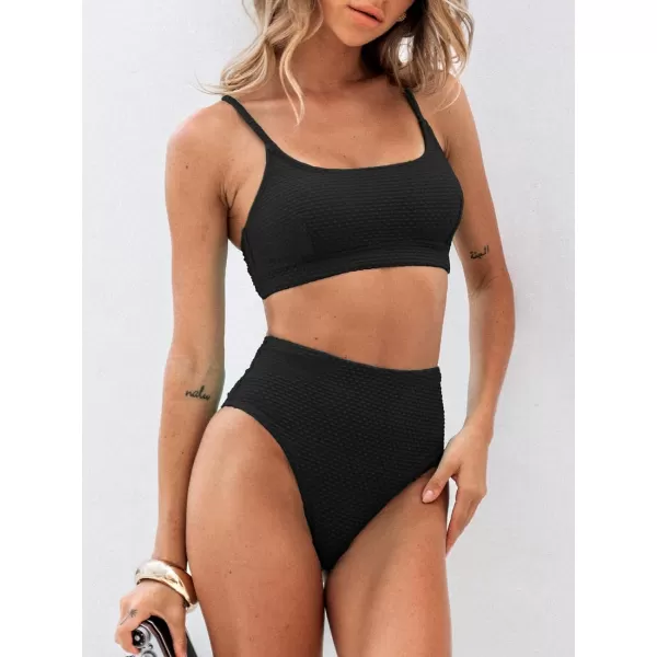 imageCUPSHE Womens Bikini Sets Two Piece Bathing Suit High Waisted Ribbed Texture Widen TrimBlack