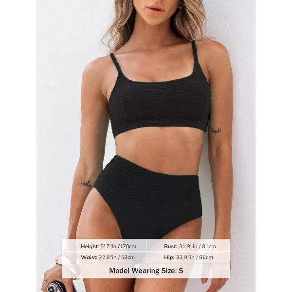imageCUPSHE Womens Bikini Sets Two Piece Bathing Suit High Waisted Ribbed Texture Widen TrimBlack
