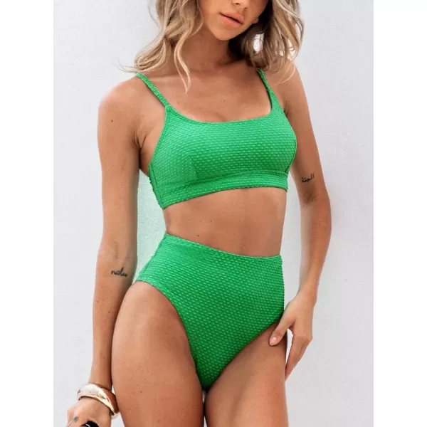 imageCUPSHE Womens Bikini Sets Two Piece Bathing Suit High Waisted Ribbed Texture Widen TrimGreen