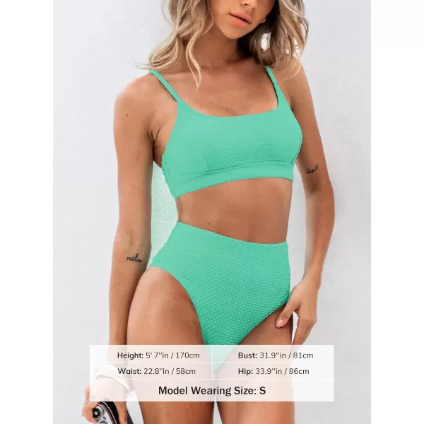 imageCUPSHE Womens Bikini Sets Two Piece Bathing Suit High Waisted Ribbed Texture Widen TrimMint Green