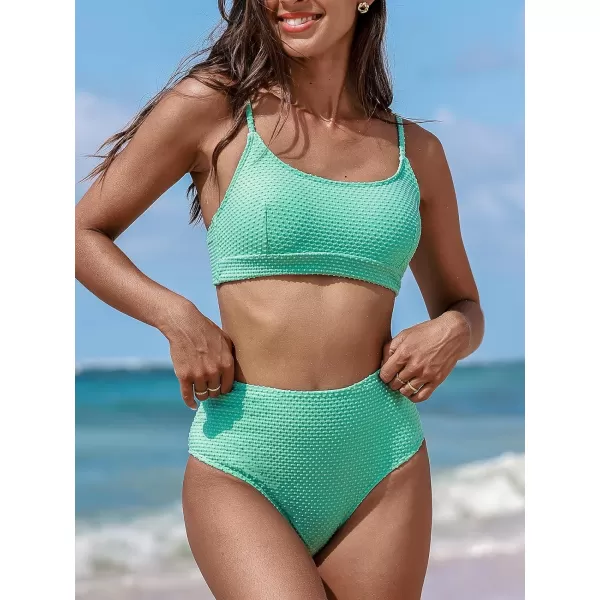 imageCUPSHE Womens Bikini Sets Two Piece Bathing Suit High Waisted Ribbed Texture Widen TrimMint Green