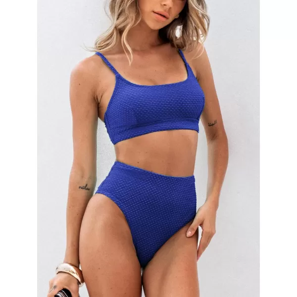 imageCUPSHE Womens Bikini Sets Two Piece Bathing Suit High Waisted Ribbed Texture Widen TrimNavy Blue