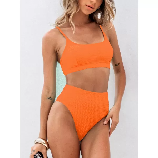 imageCUPSHE Womens Bikini Sets Two Piece Bathing Suit High Waisted Ribbed Texture Widen TrimOrange