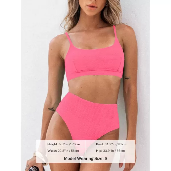 imageCUPSHE Womens Bikini Sets Two Piece Bathing Suit High Waisted Ribbed Texture Widen TrimPink