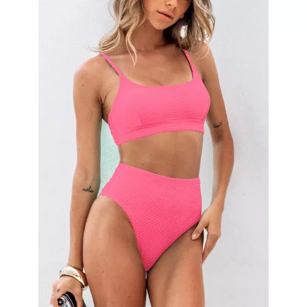 imageCUPSHE Womens Bikini Sets Two Piece Bathing Suit High Waisted Ribbed Texture Widen TrimPink