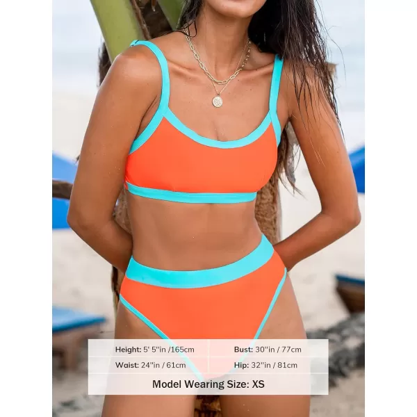 imageCUPSHE Womens Bikini Sets Two Piece Bathing Suit High Waisted Scoop Neck Adjustable Straps Color Block Cheeky BottomOrangeBaby Blue