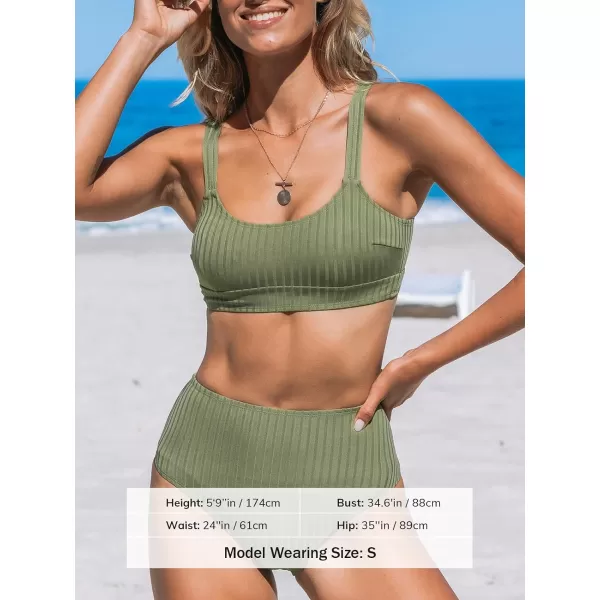 imageCUPSHE Womens Bikini Sets Two Piece Bathing Suit High Waisted Scoop Neck Adjustable Straps Ribbed Texture SwimwearOlive Green