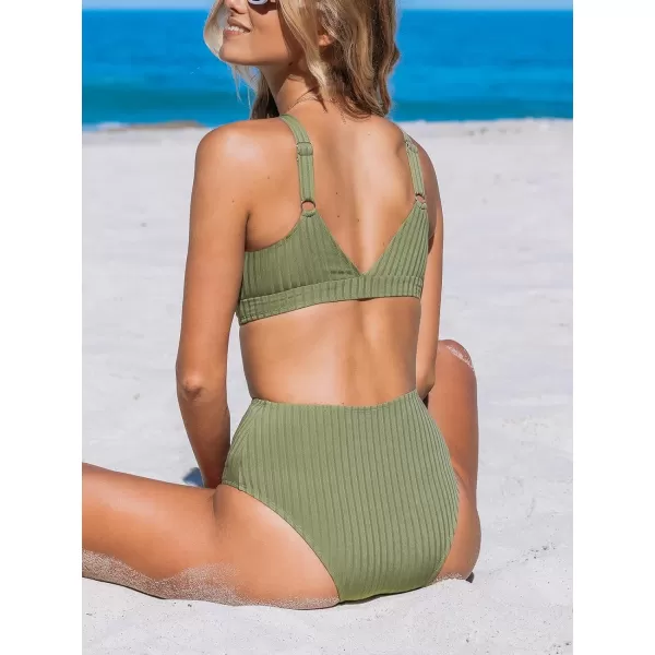 imageCUPSHE Womens Bikini Sets Two Piece Bathing Suit High Waisted Scoop Neck Adjustable Straps Ribbed Texture SwimwearOlive Green