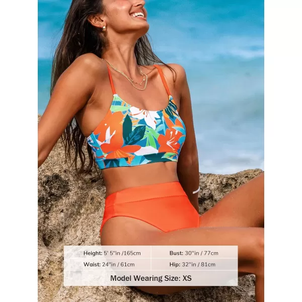 imageCUPSHE Womens Bikini Sets Two Piece Bathing Suit High Waisted Scoop Neck Spaghetti Adjustable Straps Cheeky BottomCarrot OrangeFloral