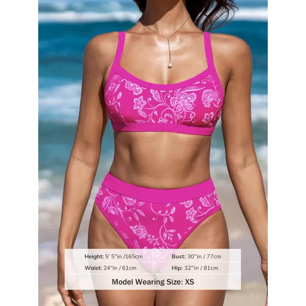 imageCUPSHE Womens Bikini Sets Two Piece Bathing Suit High Waisted Scoop Neck Wide Adjustable Straps Back HookFuchsia PinkFloral