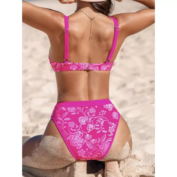 imageCUPSHE Womens Bikini Sets Two Piece Bathing Suit High Waisted Scoop Neck Wide Adjustable Straps Back HookFuchsia PinkFloral