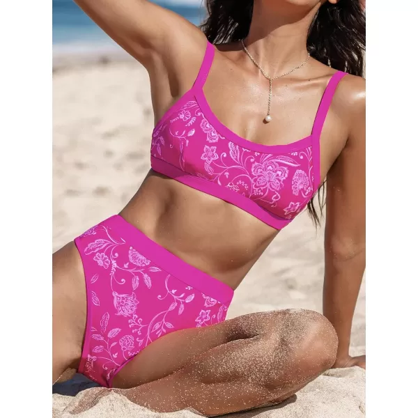 imageCUPSHE Womens Bikini Sets Two Piece Bathing Suit High Waisted Scoop Neck Wide Adjustable Straps Back HookFuchsia PinkFloral