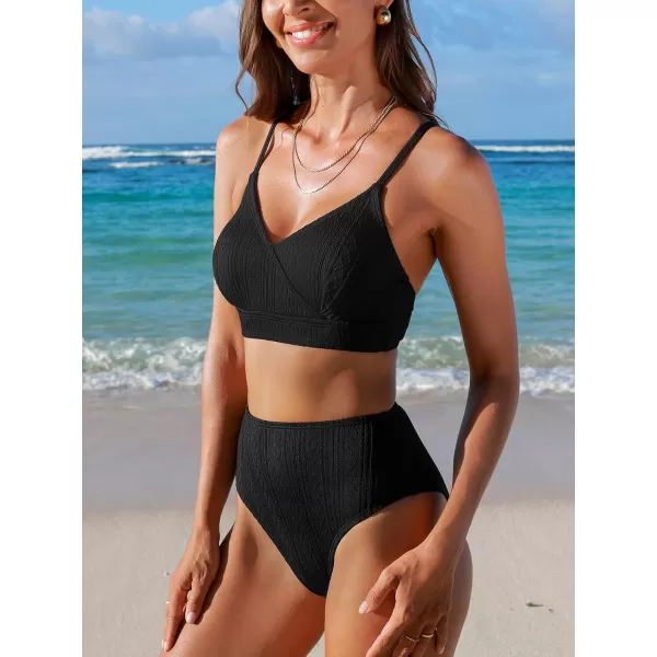 imageCUPSHE Womens Bikini Sets Two Piece Bathing Suit High Waisted Surplice V Neck Crisscross Back Tie High CutBlack