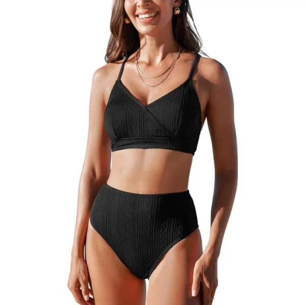 imageCUPSHE Womens Bikini Sets Two Piece Bathing Suit High Waisted Surplice V Neck Crisscross Back Tie High CutBlack