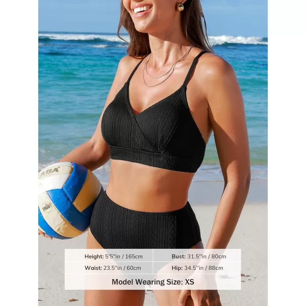 imageCUPSHE Womens Bikini Sets Two Piece Bathing Suit High Waisted Surplice V Neck Crisscross Back Tie High CutBlack