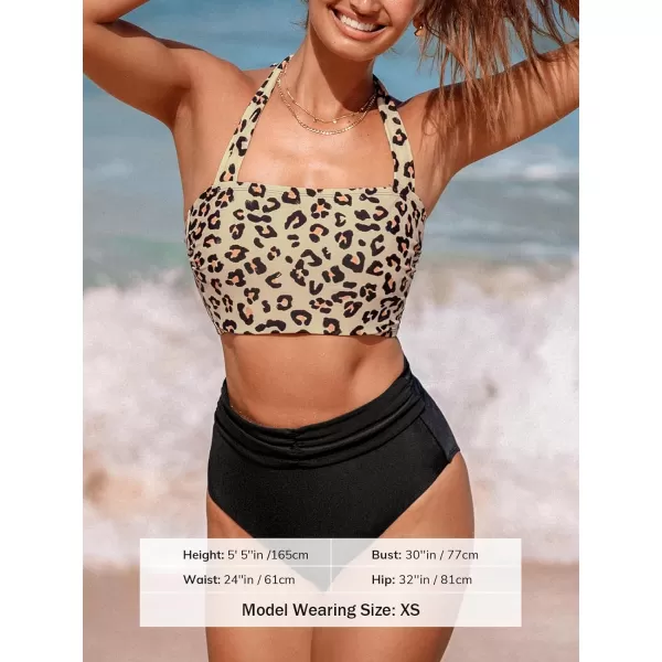 imageCUPSHE Womens Bikini Sets Two Piece Bathing Suit High Waisted Tummy Control Square Neck Halter Adjustable StrapsBlack Leopard